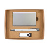 A cardboard gift set featuring a silver business card holder, a silver pen, and a white USB drive.