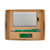 A cardboard gift set containing a silver card holder, green pen, and green USB drive.