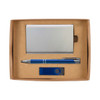 A blue pen, silver cardholder, and blue USB flash drive in a cardboard gift set.
