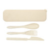 A Delish Eco Cutlery Set featuring a spoon, fork, knife, and carrying case in a light beige colour.