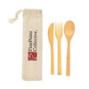 A bamboo cutlery set in a calico pouch, featuring a knife, fork, and spoon. The pouch has a logo.