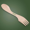 A light beige multi utensil with a spoon, fork, and serrated edge, featuring a logo.