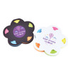 A flower-shaped set of sticky notes in black and white with colourful highlighted sections. Both have a branding logo.