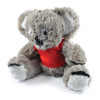 A plush toy koala with gray fur and a red shirt. The toy has a friendly face and plush limbs.