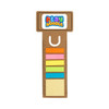 A brown business card bookmark features a ruler design and colourful sticky note flags. Includes a logo at the top.