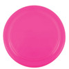 A pink frisbee with a smooth surface and a circular shape.