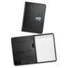 A large black leather portfolio featuring a notepad and an interior pocket, along with a branding logo.