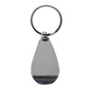 A shiny silver keychain with a teardrop shape and a metal ring for attachment.