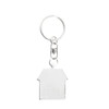 A silver keychain in the shape of a house, featuring a metal ring and a clasp.