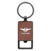 A rectangular keychain with a wood-like texture and a metal keyring. It features a logo on the front.