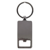 A rectangular silver keychain with a circular keyring attachment. It features a smooth, reflective surface.