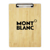 A bamboo clipboard featuring a clip at the top and a logo, showcasing a natural wood finish.