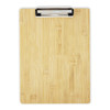 A bamboo clipboard with a metal clip, featuring a natural wood grain finish. It has a simple design and a logo.