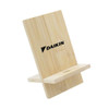 A bamboo phone stand with a sleek design and a logo, featuring a natural wood finish.