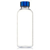 A drink bottle made from clear Tritan, featuring a blue screw-top lid and a simple design with a logo.