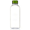 A drink bottle made of clear Tritan material with a green lid. It features a branding logo on the side.