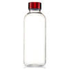 A drink bottle featuring a clear body and a red lid, complete with an integrated logo.