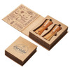 A salt and pepper set in wooden-coloured holders, presented in a decorative box with branding.