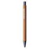 A wooden pen with a black tip. The pen features a logo printed on its body.