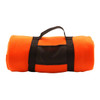 A rolled orange blanket secured with a black strap, featuring a clear window and a black handle.