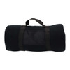A rolled-up black blanket secured with a strap, featuring a clear pocket, showcasing a simple and practical design.