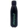 A drink bottle in matte black with a light green logo, featuring a screw-top lid.