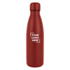 A drink bottle in a matte red finish, featuring a simple logo on the front.