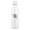 A drink bottle in silver finish, featuring a logo area, with a sleek, modern design. Holds 600ml.