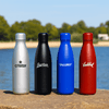A drink bottle collection featuring silver, black, blue, and red stainless steel bottles with various logos.
