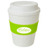 A drink cup with a white body, green silicone band, and a lid, featuring a logo.