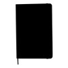 A black A5 notebook with a ribbon marker and a flexible cover. It features a logo on the front.