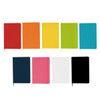 A collection of A5 notebooks in various colours including red, orange, yellow, green, blue, black, pink, and white, featuring a logo.