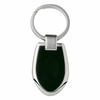 A sleek keychain featuring a polished silver finish and a black shield-shaped body, with a circular ring attachment.