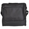 A black picnic basket with a zipped front pocket and an adjustable strap. It features a compact and sturdy design.