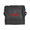 A black picnic basket with a shoulder strap, featuring a red logo and zippered compartments.