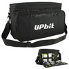 A black picnic bag with a shoulder strap, featuring compartments for utensils and tools, and a logo on the front.