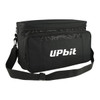A black insulated picnic bag with a front pocket and a strap. It features a logo on the front.