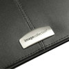 A black leather zippered compendium featuring a silver branding plate.