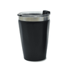 A drink tumbler in matte black with a clear lid and silver accent, featuring a branding logo.