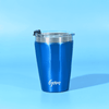 A drink tumbler with a sleek blue finish and silver rim, featuring a lid and a logo.