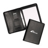 A black zippered compendium with a calculator, notepad, and multiple cardholders inside.