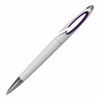 A plastic pen in white with a purple accent and chrome tip, featuring a logo.