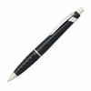 A metal pen in black with a rubber grip and silver accents, featuring a clip and branded logo.