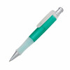 A plastic pen with a teal grip and a silver clip, featuring a transparent barrel and a silver tip.