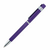 A purple pen with a silver clip and tip, featuring a logo on its barrel.