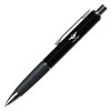 A black metal pen with a textured grip and shiny clip, featuring a logo on the barrel.