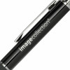 A black metal pen with a shiny silver clip and a logo on the barrel.