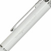 A metal pen in white with a silver clip, featuring a logo. Ideal for elegant writing.