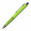 A green metal pen with a textured grip and chrome accents, featuring a clip and a logo.