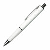 A metal pen in white with a textured grip and chrome accents. The pen features a clip and a logo.